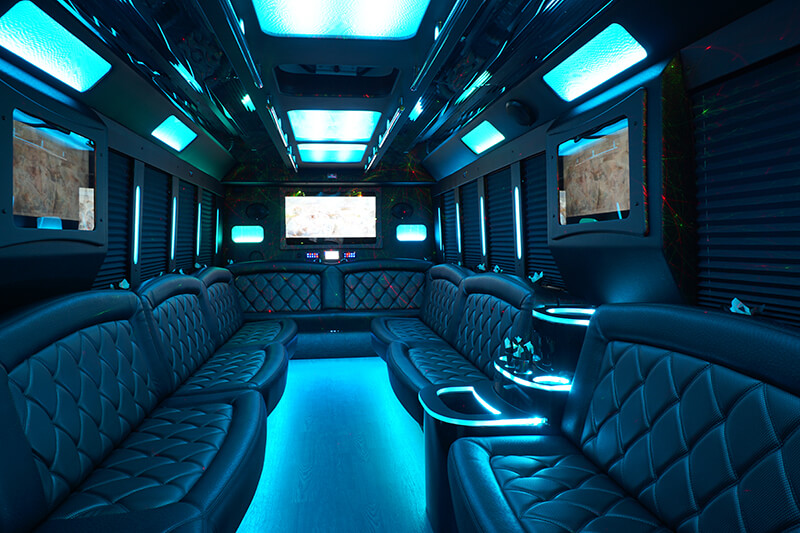 Plush seating on limo bus